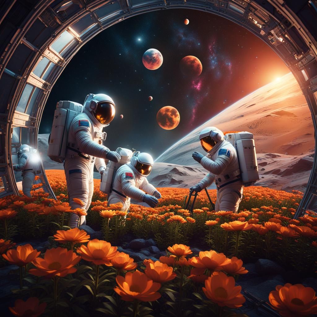 Three men in spacesuits tending to the flowers in a geodesic...
