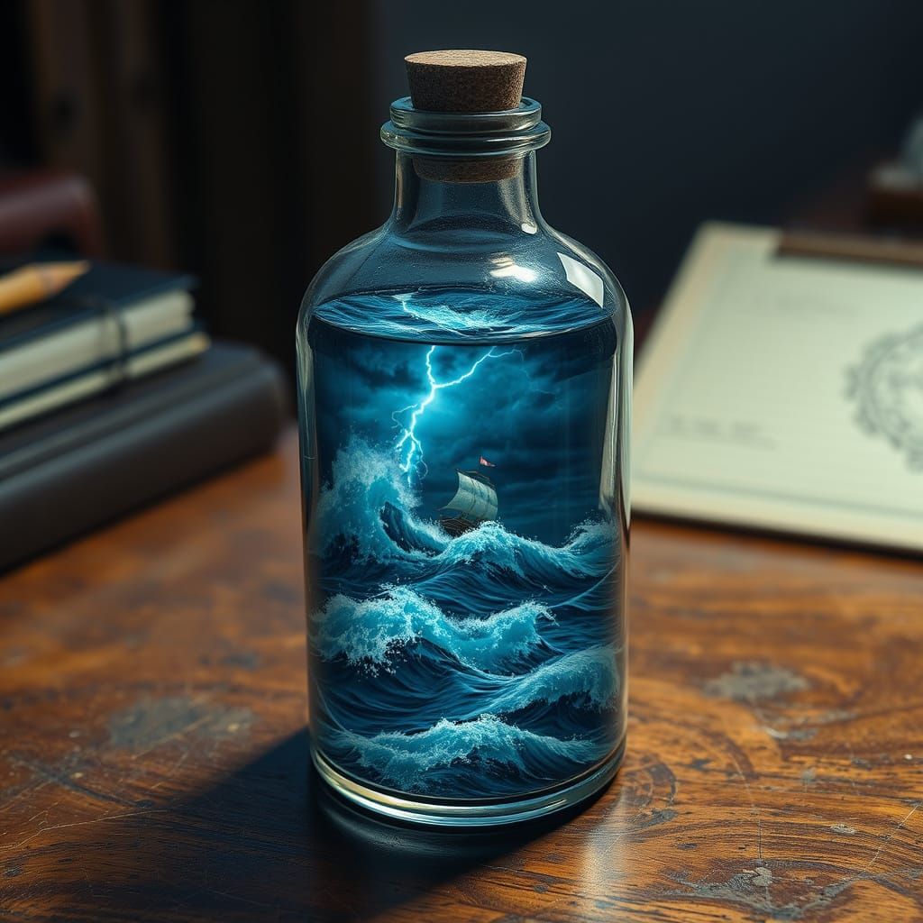 Ocean Storm in Glass Bottle: Atmospheric Landscape Art