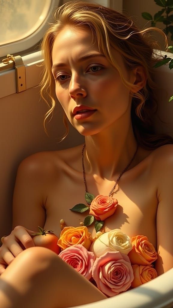 <lora:Chiaroscuro:1.0> Saucy Woman in Bathtub adorned in Roses amidst golden sunshine, hyperrealistic, extremely sharp focus