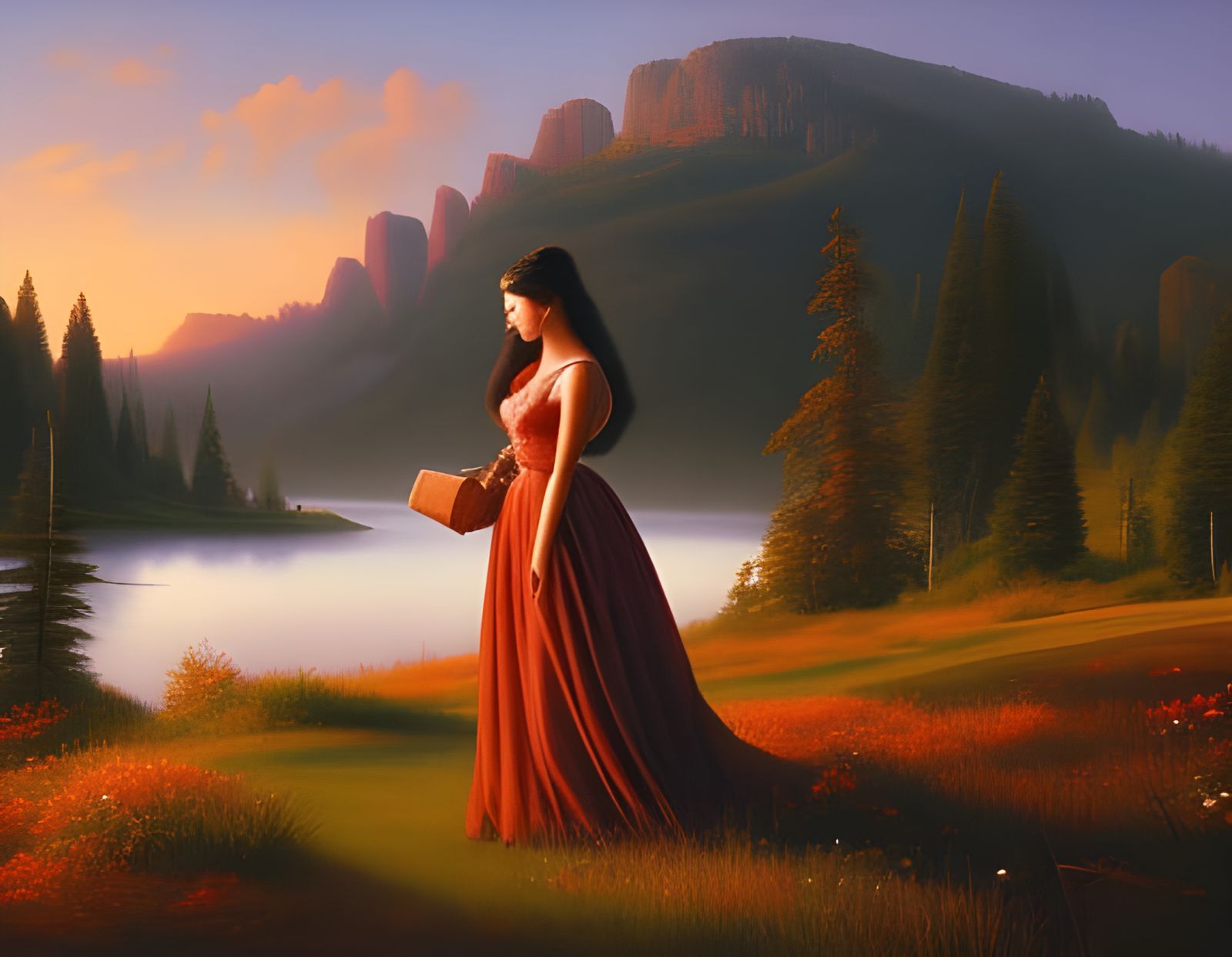 american young woman on mountain lake at sunset - 1999