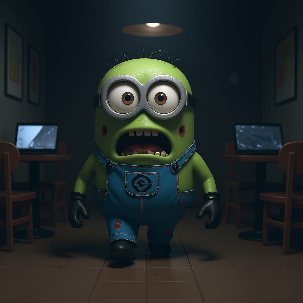 A pixar minion that got infected with a zombie virus. Turned necrotic and is shambling around in an internet cafe