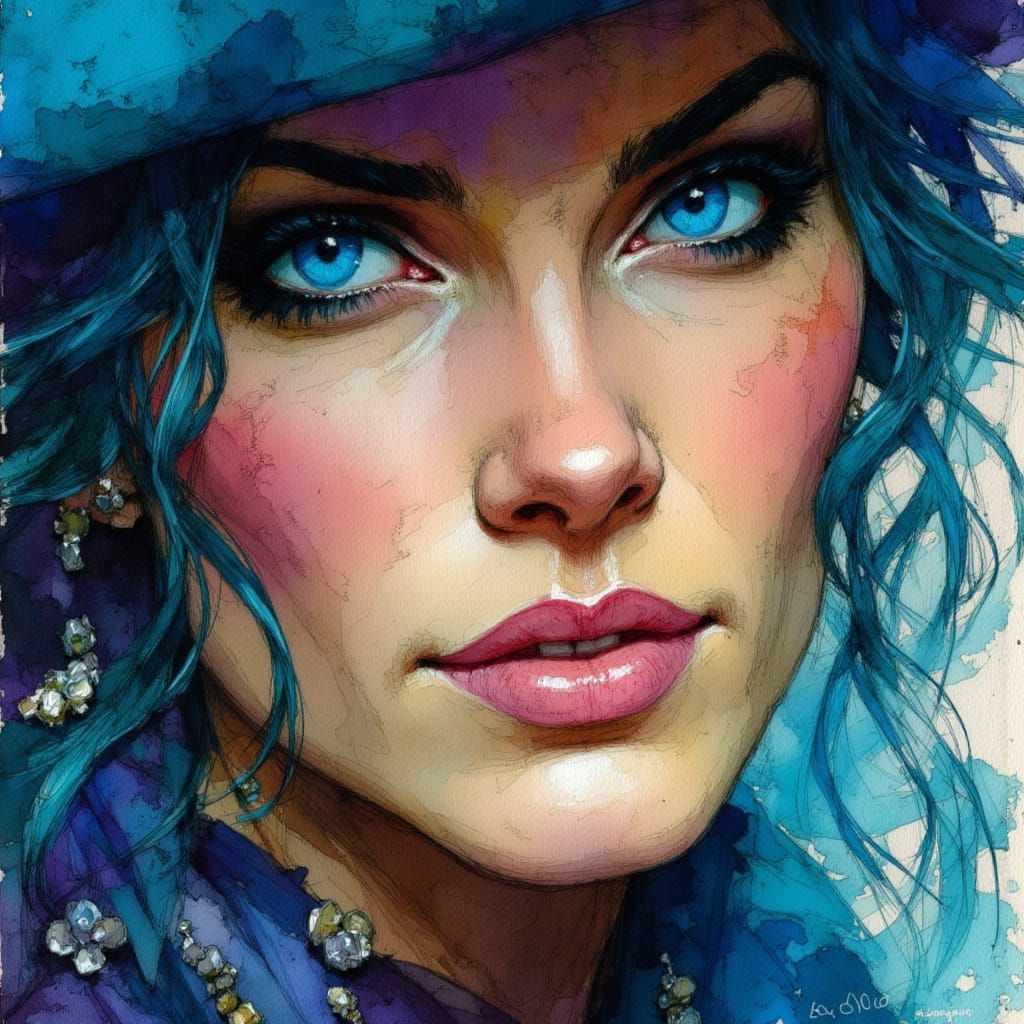 Alcohol ink, color pencil and brushed charcoal sketch, lady pirate, in the style of Artemisia Gentileschi, Wadim Kashin, intense rich summer...