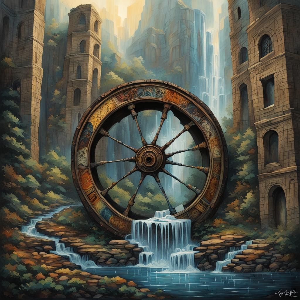 a decayed wheel of time with a mystic city at its center, a ...