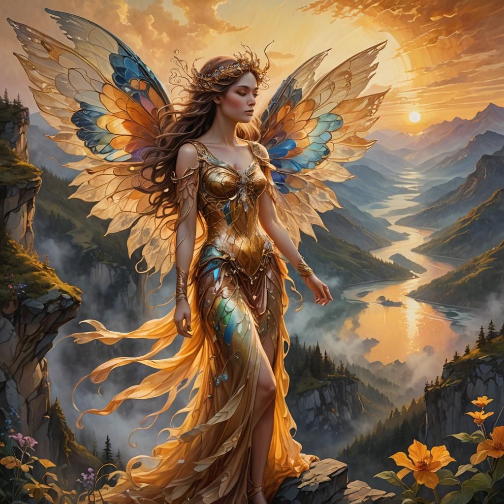 Sunset exotic very corpolent fairy beautiful hyperdetailed mountain glow 8k, full body   by @Euroscorpion777 studio