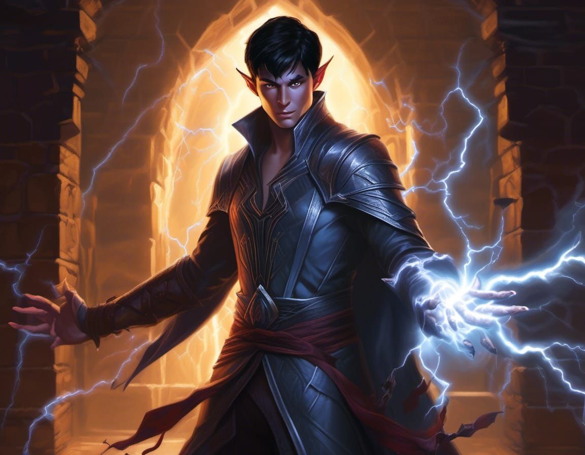 A handsome younger elf man (grey_eyes, short_wavy_undercut_black_hair, pointed_elf_ears) casting a lightning spell in a dungeon.  Fashionabl...