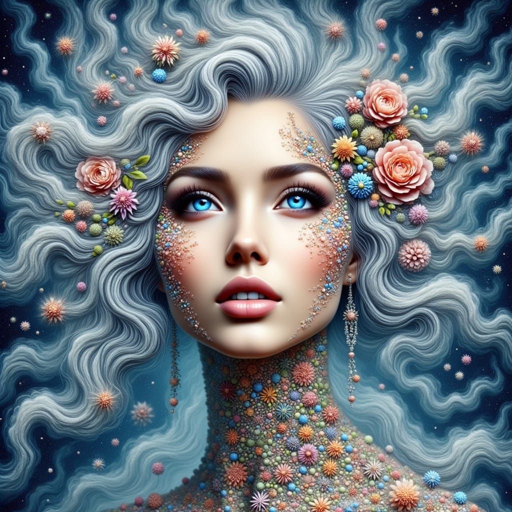 <lora:WonderPortrait:1.0>Gorgeous woman's face with blue eyes surreal with silver hair with mixed media smoke and colorful flowers. Intricat...