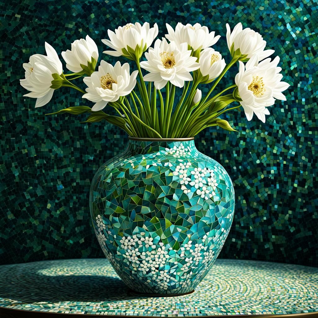 White mixed flower in a Blue green mosaic vase,round glass p...