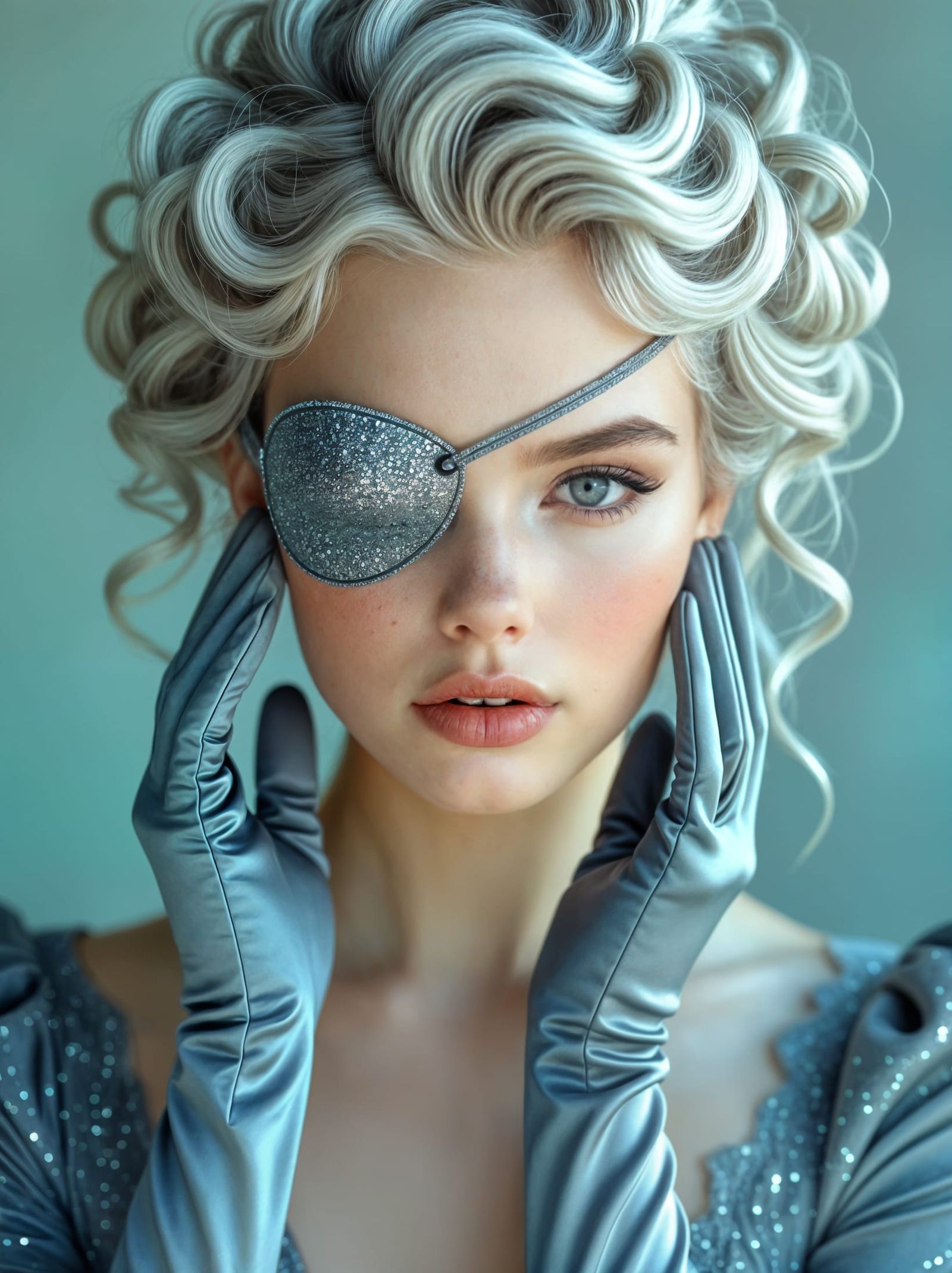 Photo portrait of a gorgeous woman in grey glitter outfit with eyepatch touching her face with her satin gloves  by @Fokje