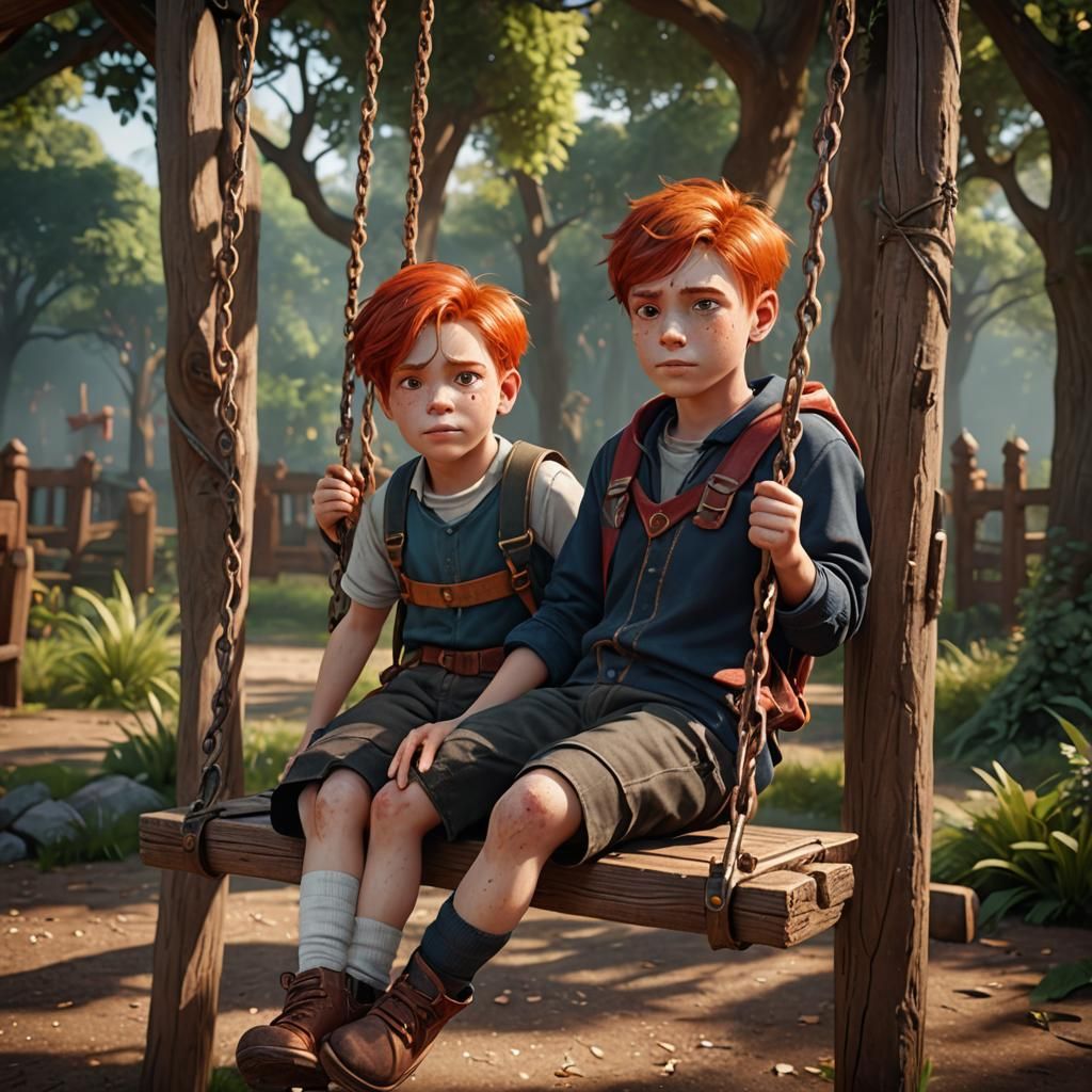Red-Haired Boy on Wooden Swing: Fantasy Concept Art