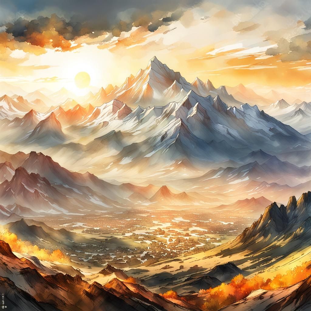 Beautiful white peaks with the sunset in the back 8k resolution concept art dynamic lighting Unreal Engine ...  by @Mr-Shakespeare