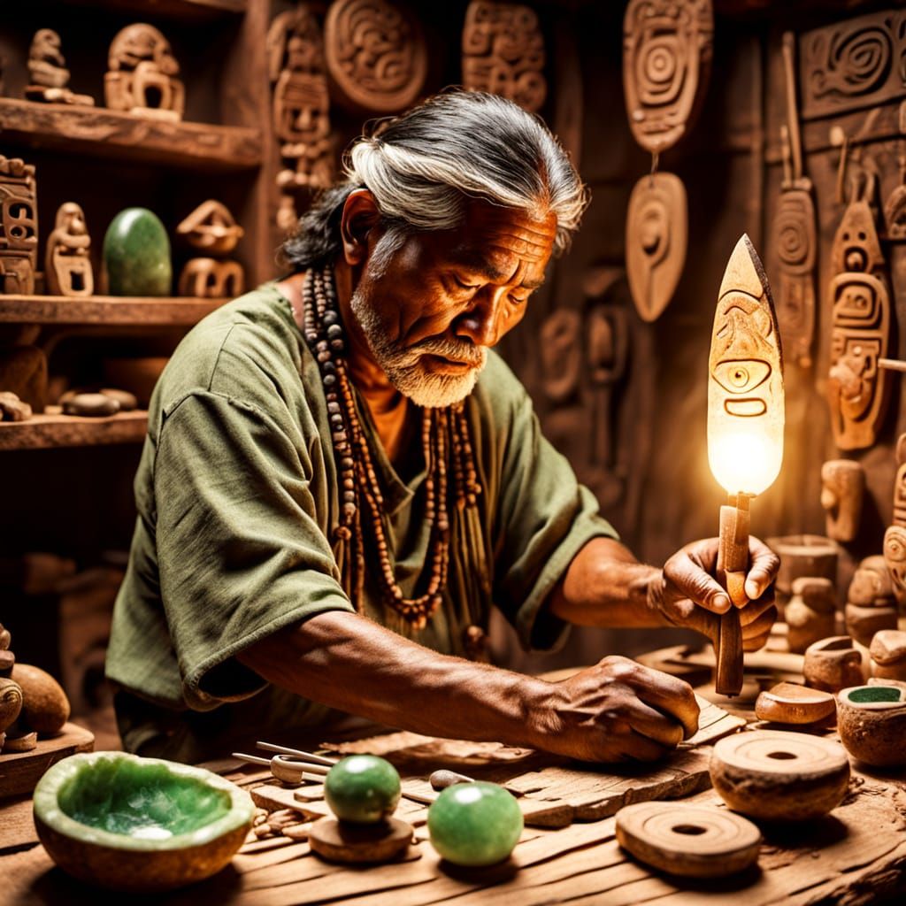 A pre-Columbian indigenous man making a jade craft, using stone and wooden tools.  by @Tales from the rainforest