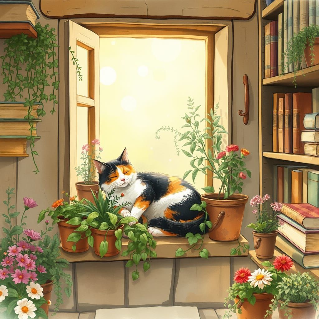 A cozy scene inside a quaint cottage, where a fluffy calico cat is curled up asleep on a windowsill amidst ...  by @BINUSH