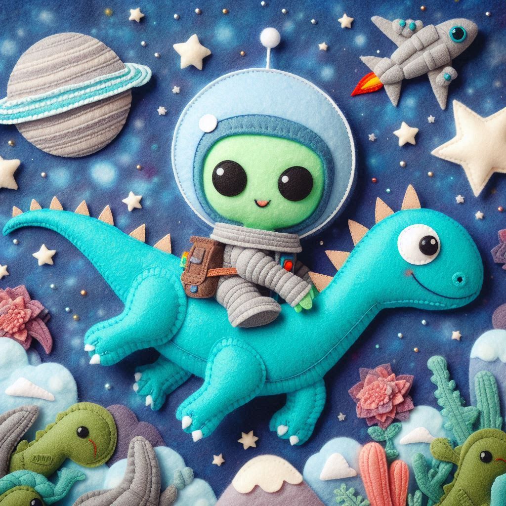 a cute alien flying on a dinosaur in the space, a dragon is behind them. layer in awesome felt, intricated details