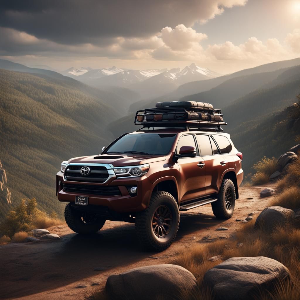 toyota land cruser 4 wheel driving in the hills with a big s...