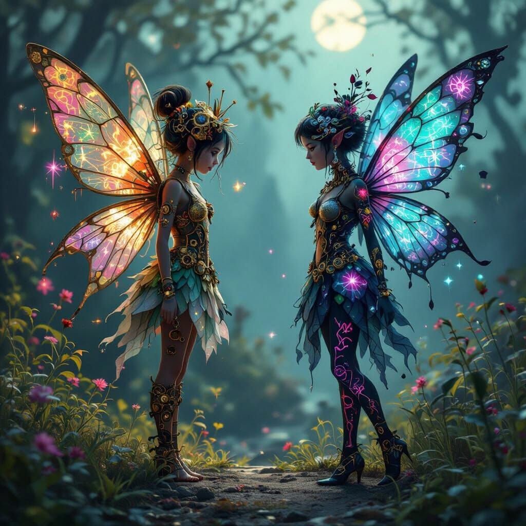 Whimsical yet mysterious fairies with unexpected designs — a clockwork fairy with gears and brass wings, ...  by @Anti_timeit