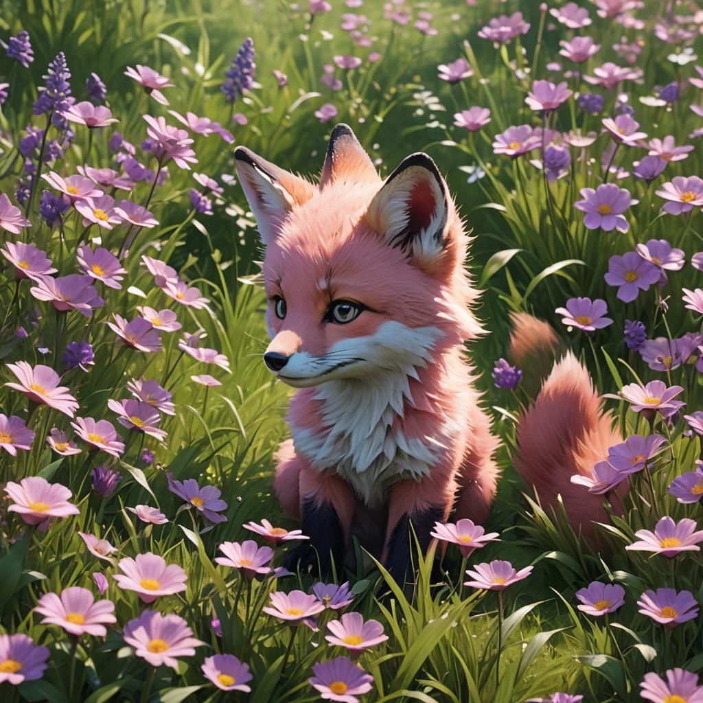 a pink fox cub and a purple fox cub playing in a green meado...