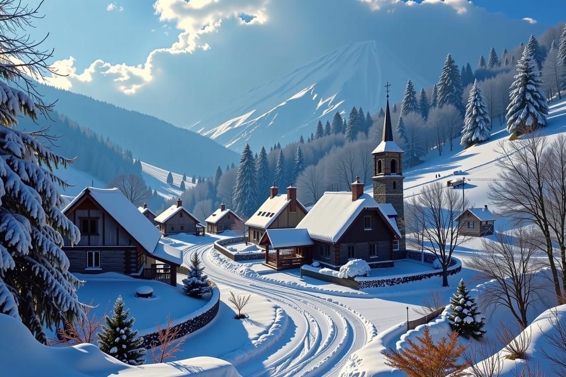 Winter landscape in small village
