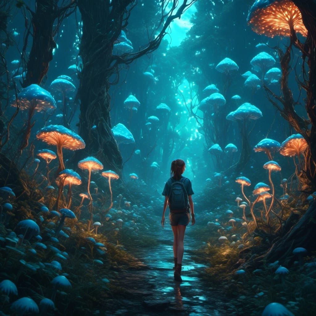 <lora:eye:1.0> <lora:Woman faces:1.0> A beautiful forest full of tall light blue glowing bioluminescent mushrooms and a ...