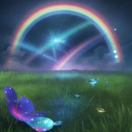 Raindrops sparkle on the grass after a storm. The sky is blu...