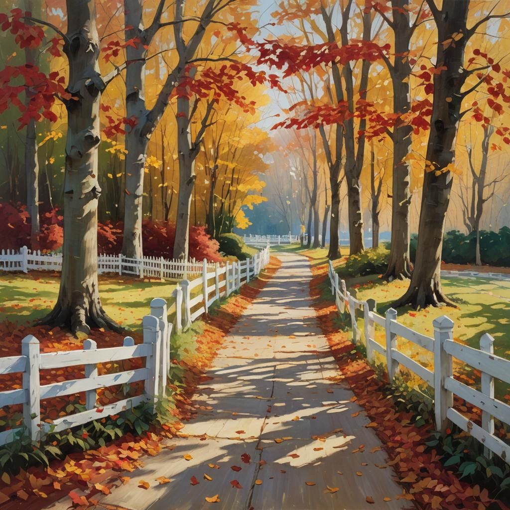 a pic of a path with a white picket fence and trees with red...
