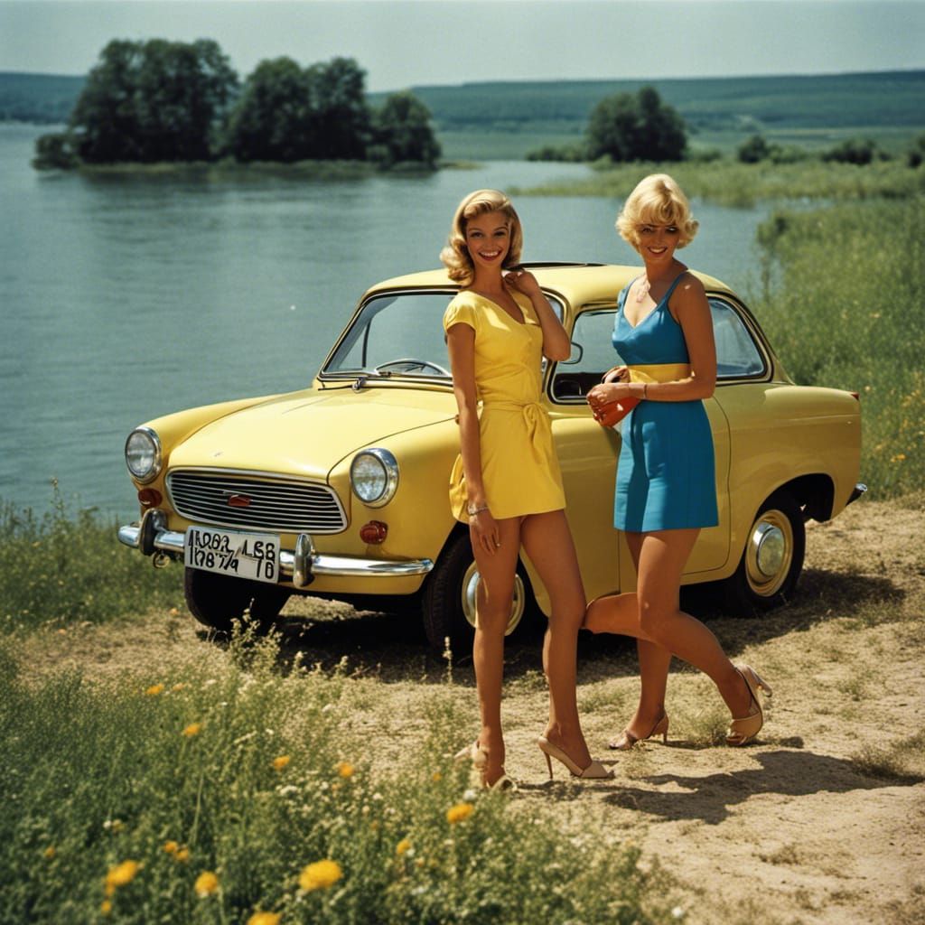 German girls from DDR in holidays at the hungarian Balaton lake in 1966 AI Generated Artwork