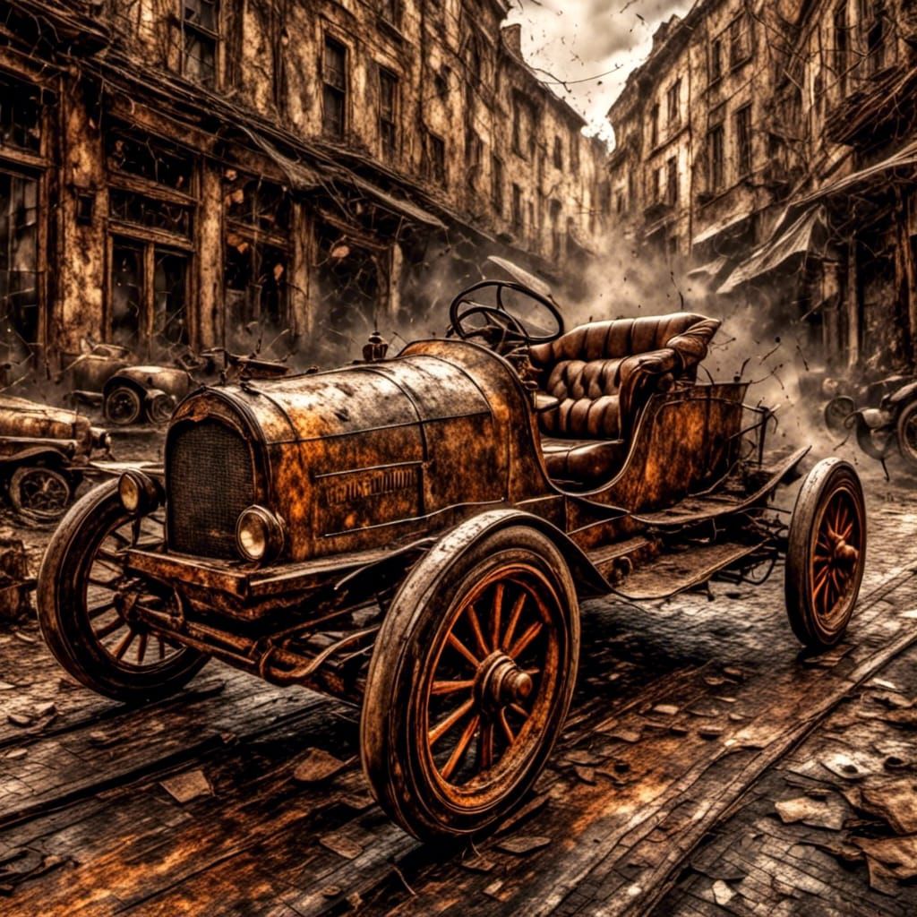 a breath-taking weathered view of amazing old, antique soapbox car racing, award-winning, reflective, RTX, video games, Cinematic Feel, sket...