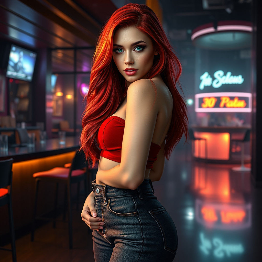 full body shot of a beautiful woman with (flowing red hair:1.3) and (large chest:1.5) with (green eyes:1.4) in a (cropped top:1.5), (jeans:1...