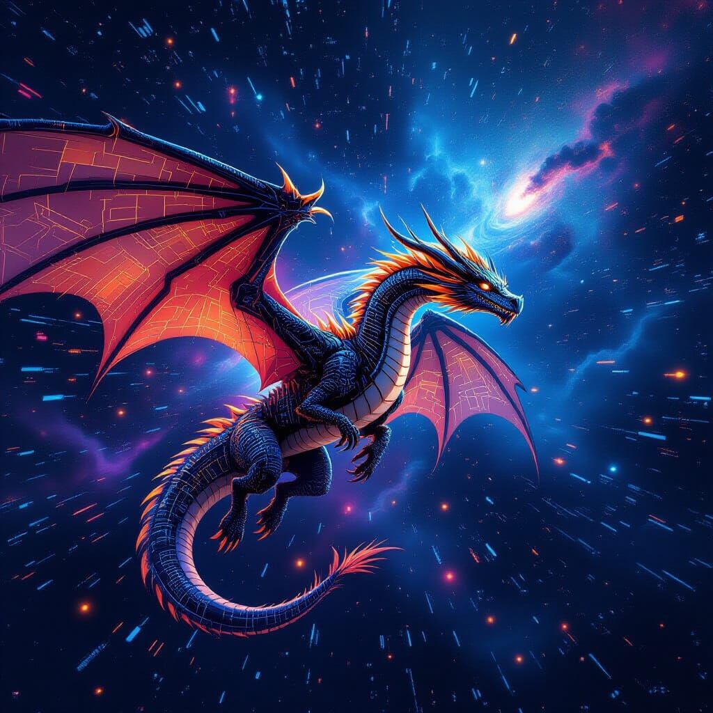 A majestic ancient dragon, its scales intricately woven from glowing lines of binary code and circuit board patterns. It...