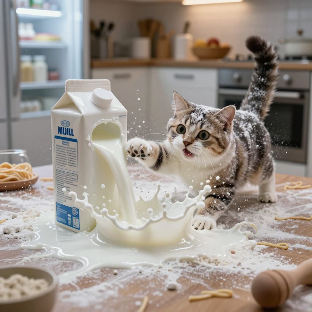 A flour-dusted kitchen ghost meets its milky nemesis. 🐾🥛  by @Mel