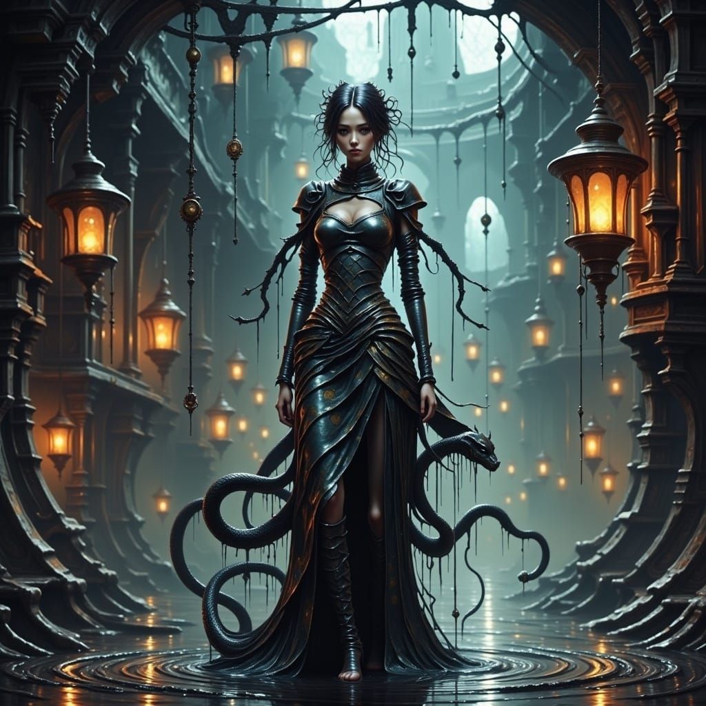 a Japanese woman wearing a snake inspired outfit on a spaceship hanger
detailed matte painting, deep color, fantastical, intricate detail, s...