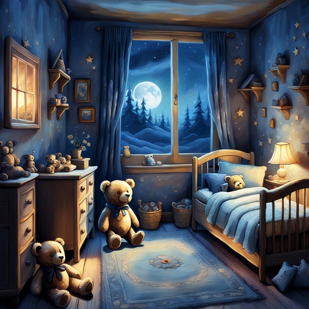 Whimsical Teddy Bear Dreams in a Cozy Moonlit Nursery