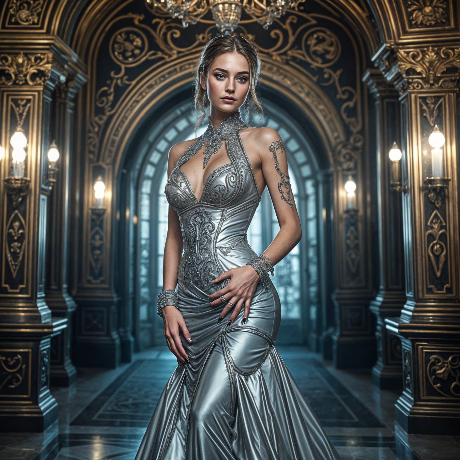 Hyperrealistic Woman in Metallic Dress