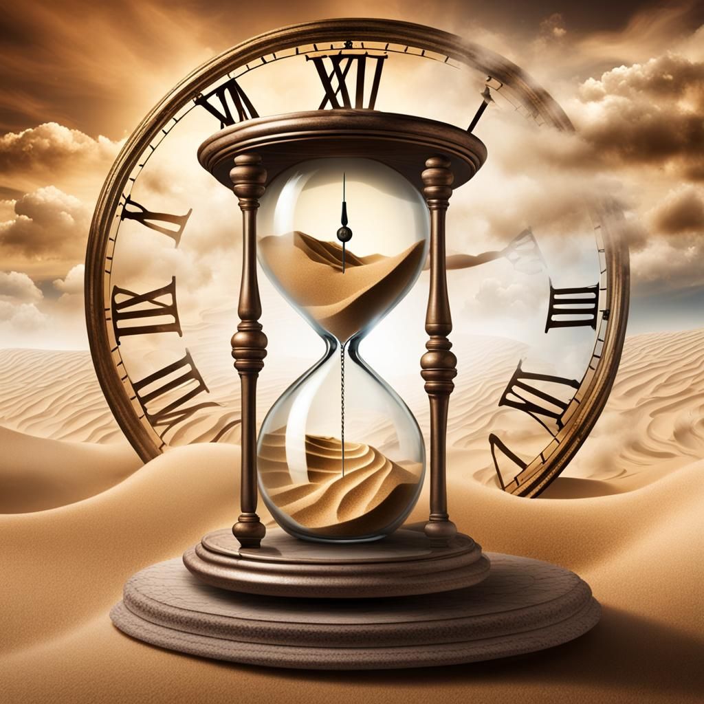 mystical scene with an hourglass dripping sand halfway filli...
