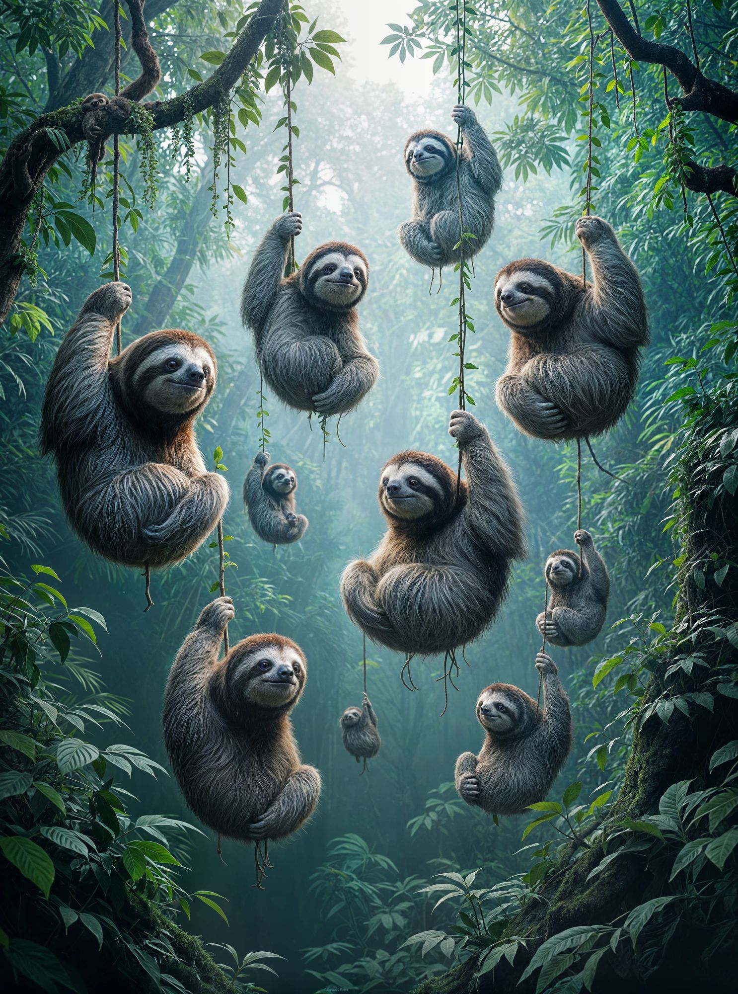Ten 🦥 sloths hang suspended inside a living optical-illusion, where cognitive dissonance, high-contrast luminance, and impossible tricking d...