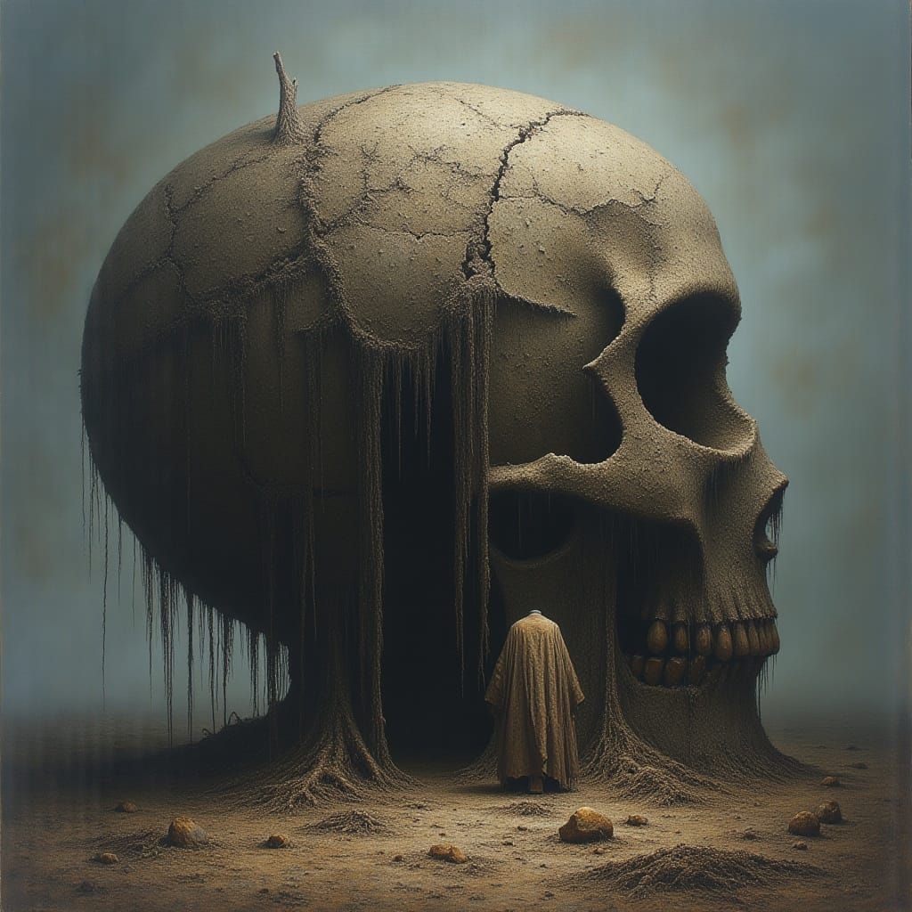 <lora:MJ6 Macabre:1.0> A giant skull sitting on the ground with an old man in front of it, in the style of Zdzisław Beksiński, in the style...