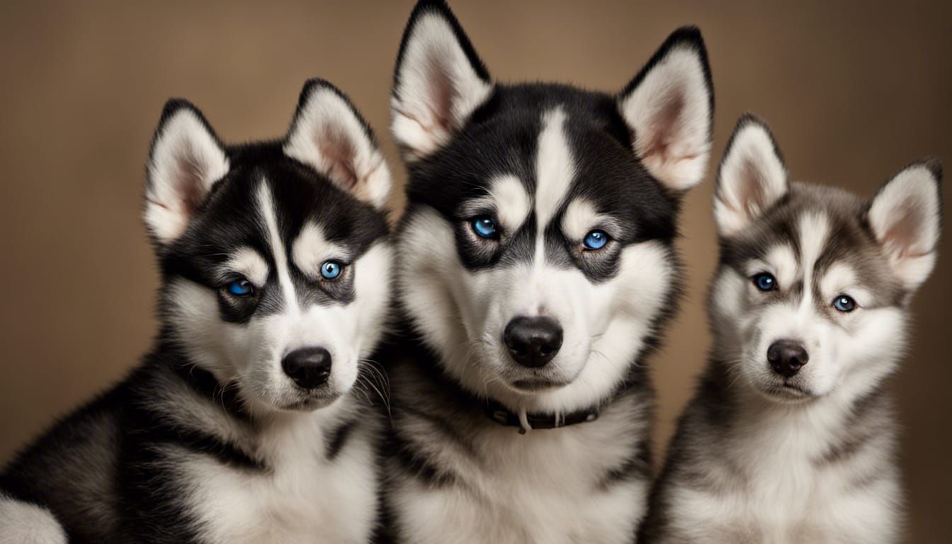 cute husky family portret, mam, dad and 5 puppy Close-up por...