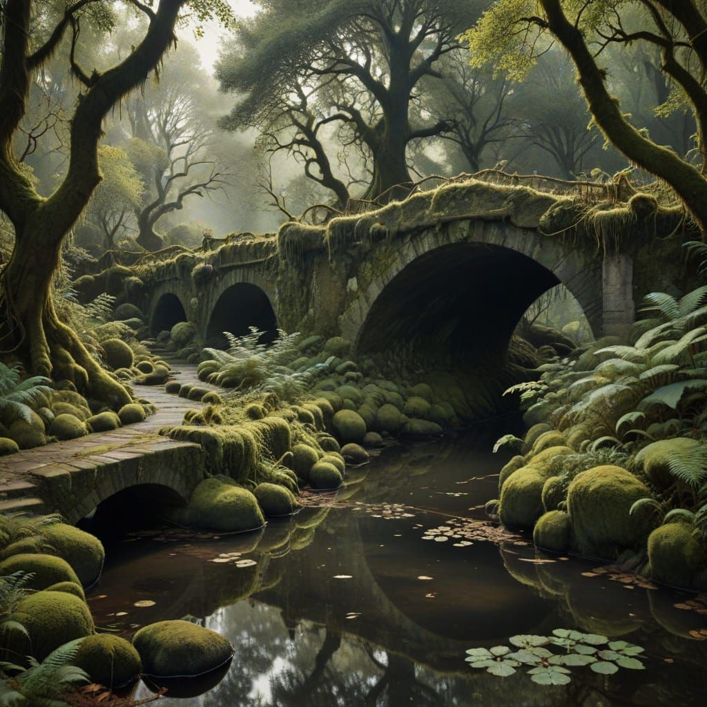 : An old stone bridge covered in moss, hidden deep in a dark, atmospheric forest, its surface slick with ...  by @Elviira 
