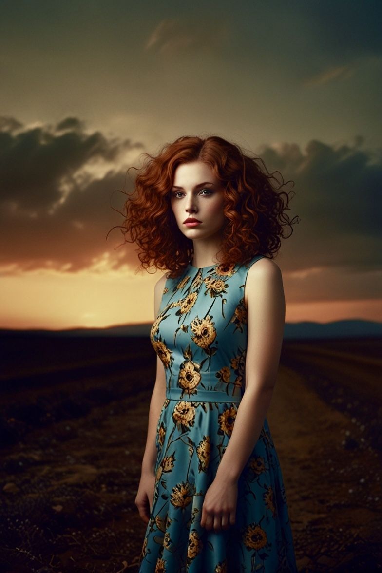 Woman with red hair at sunset