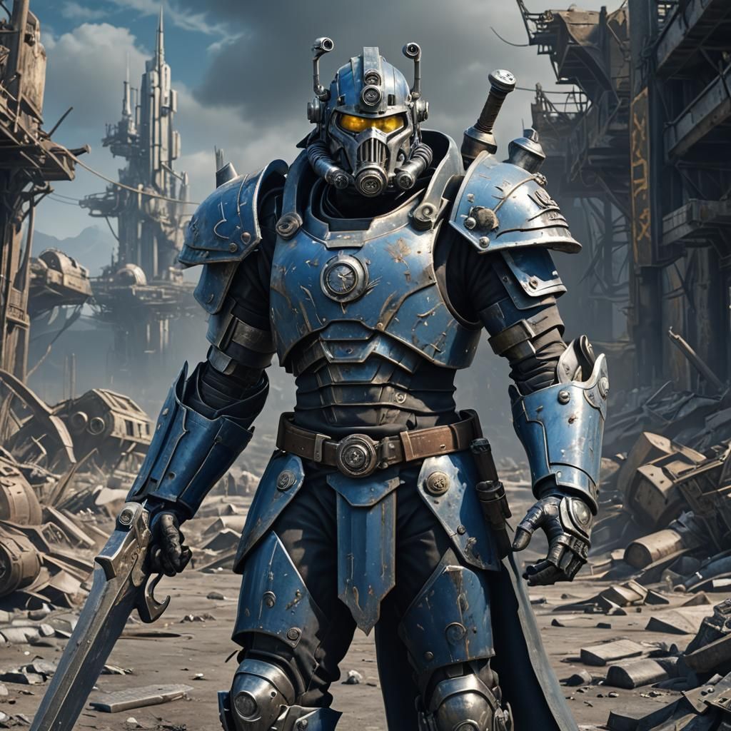 fallout lookalike blue and silver warrior with silver sword