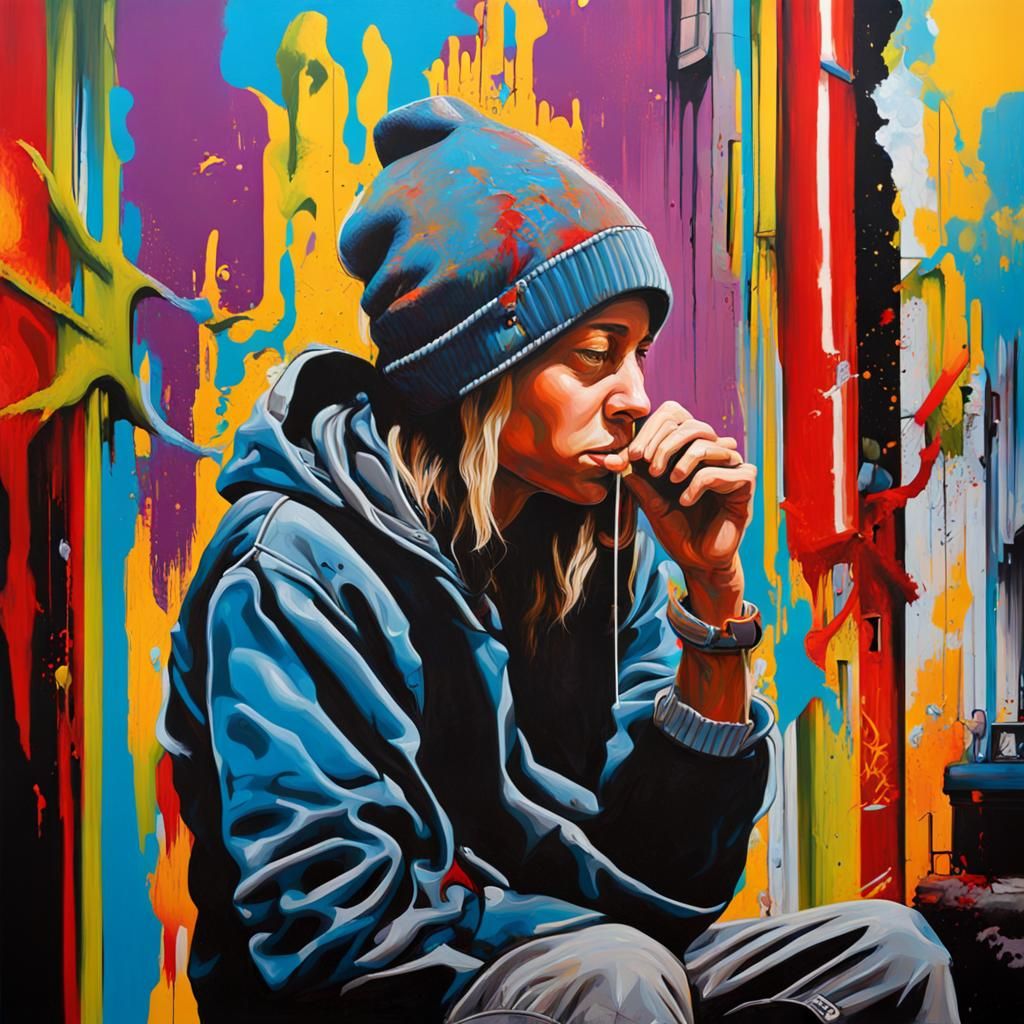 Expressive artwork depicting individuals in moments of antic...