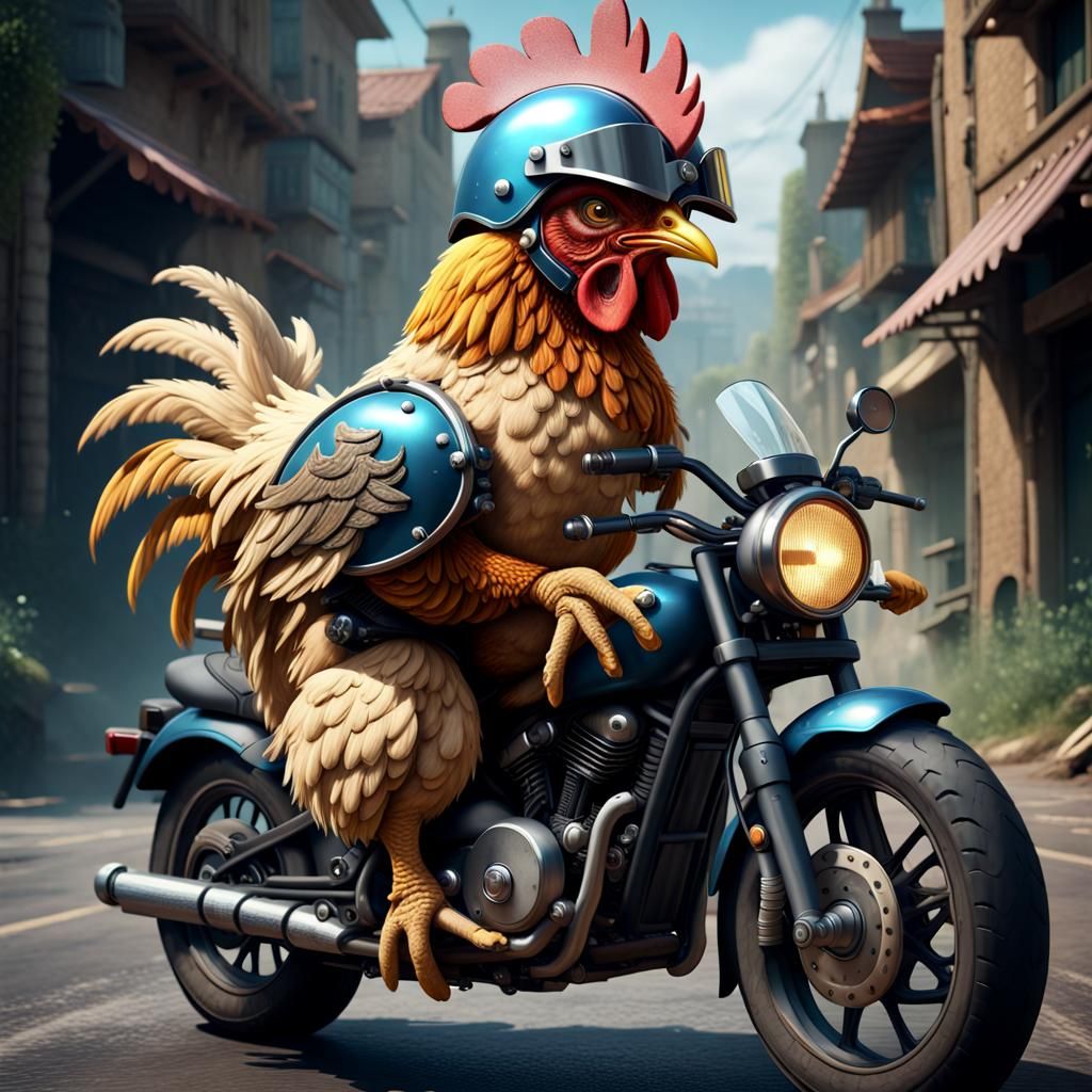 chicken with a helmet riding a motorbike