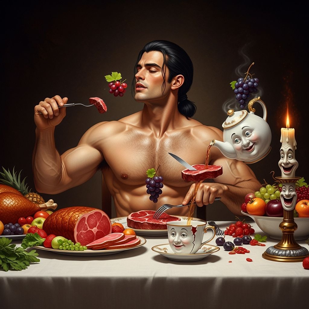 A shirtless, muscular, handsome Gaston, with slick black shoulder-length hair tied in low ponytail, with moderate chest hair and forearm hai...