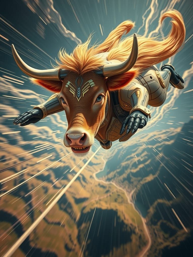 Futuristic Cyborg Cow Skydive in Biomechanical Style