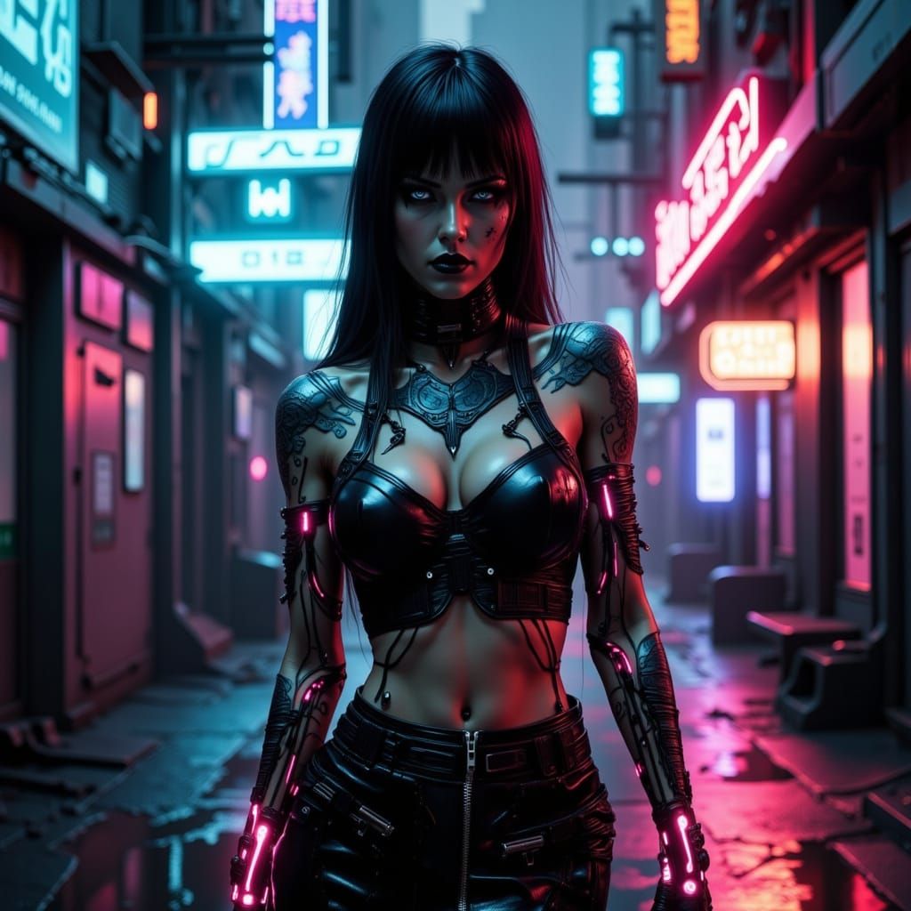 Cyberpunk Goth Portrait in Neon Alley