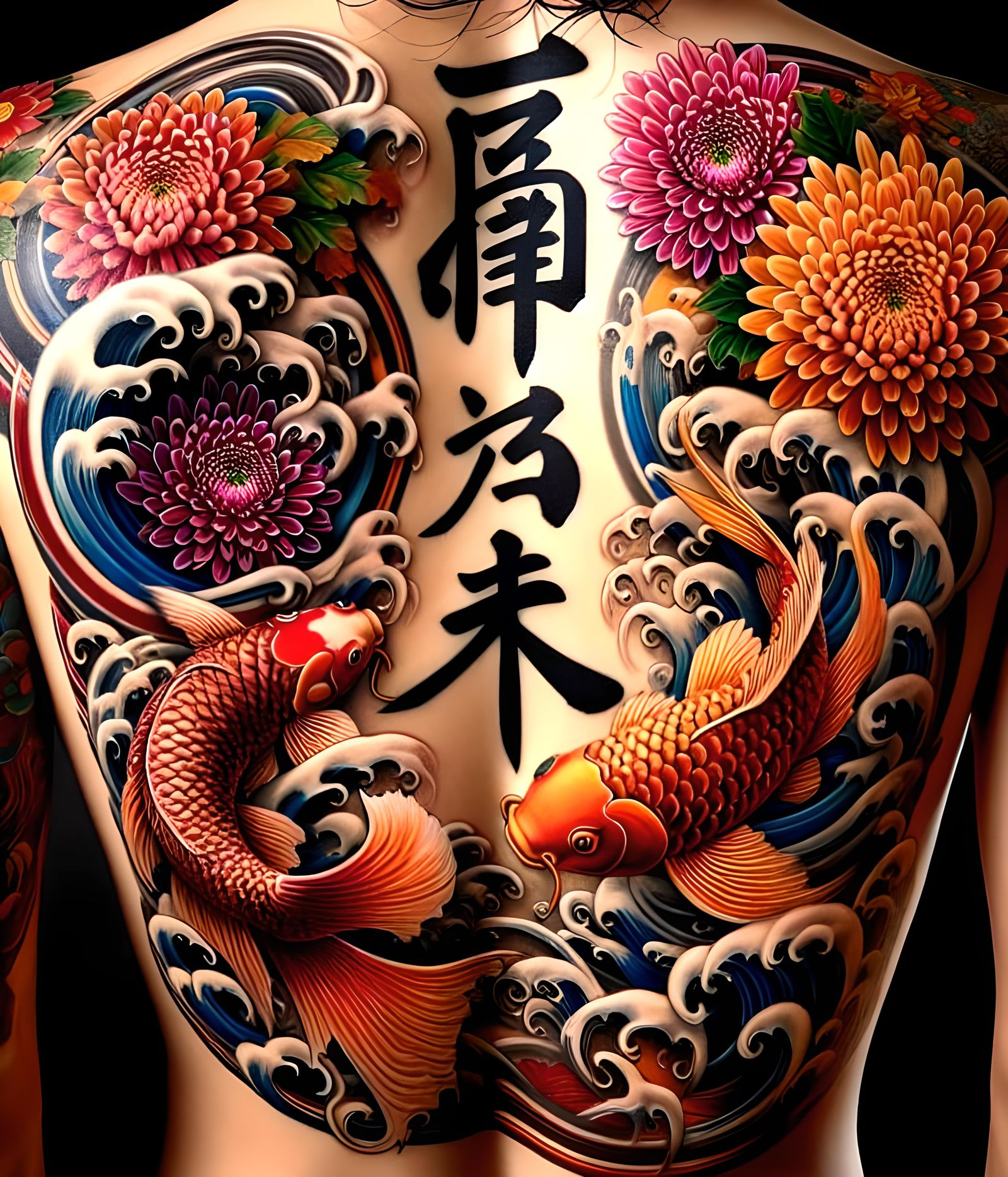 Tattooed in Japanese calligraphy script, chrysanthemums and koi fish  by @Espinado 