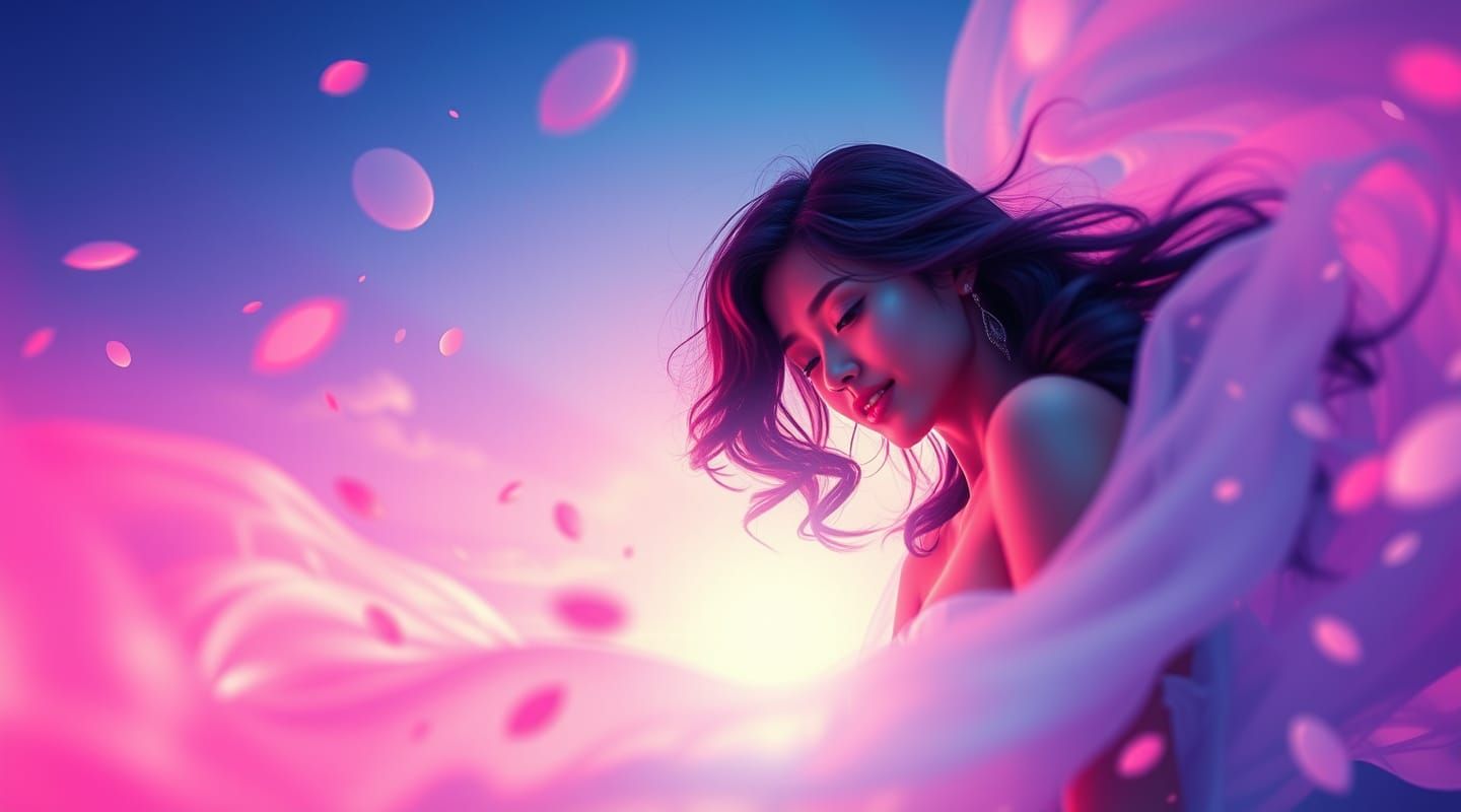 Woman Dancing at Dusk her dress swirling with flower petals