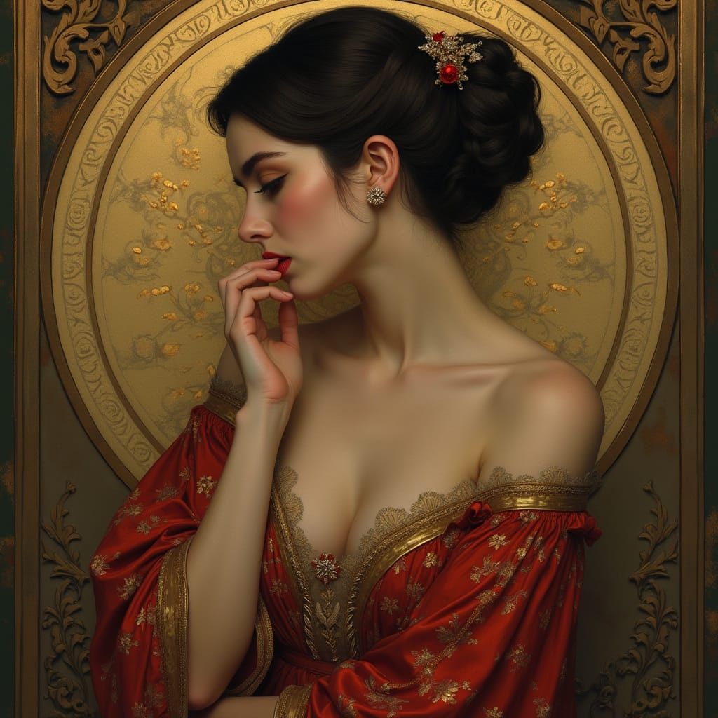 Woman in Elegant Attire with Intricate Patterns