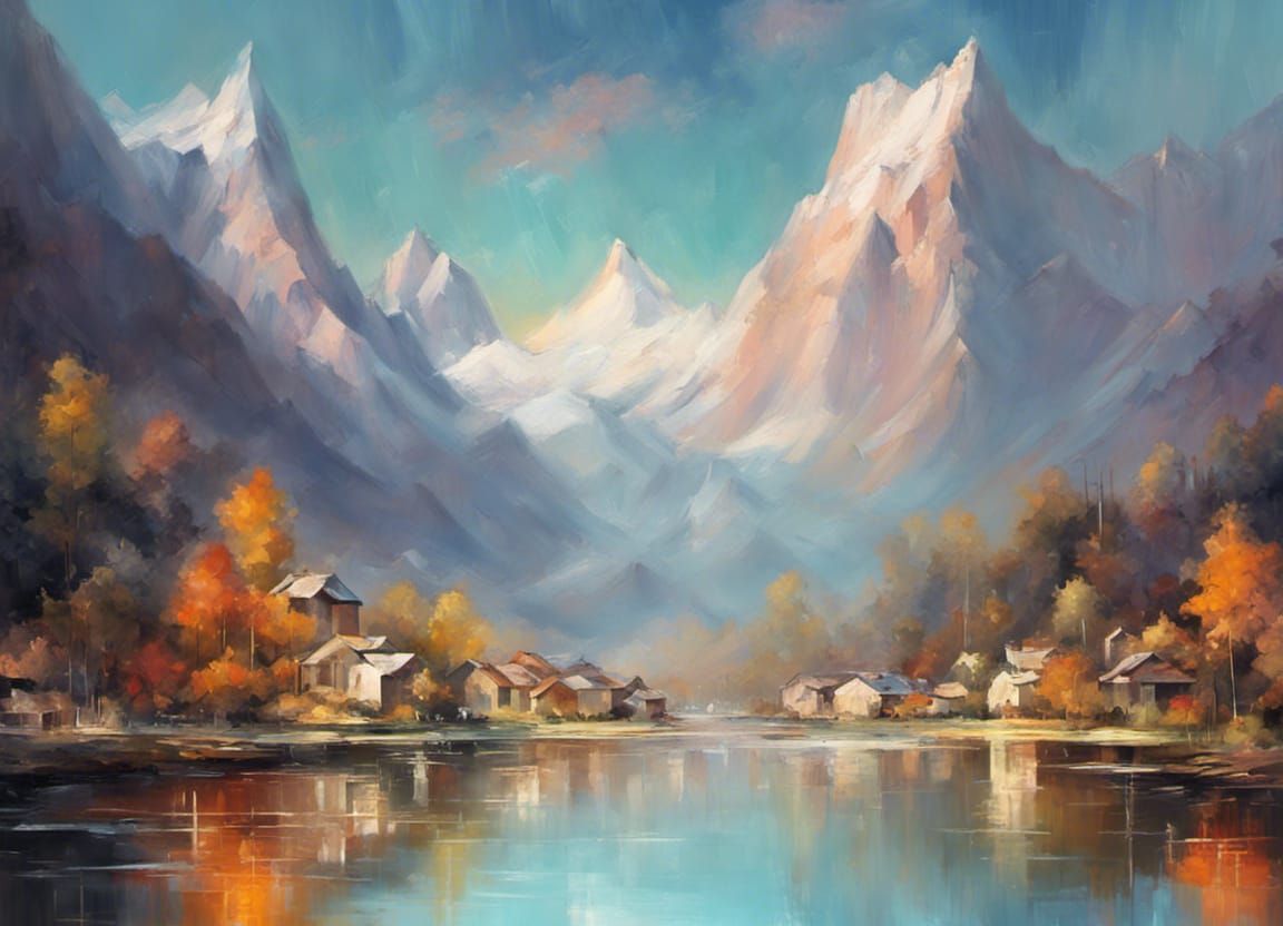 beautiful landscape, impressionism, mountain, lake, futuristic city  by @Neodyme