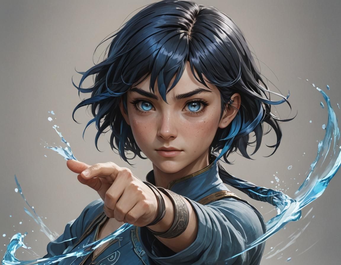 human, short, black blue hair, female, short, hazel eyes, ki...