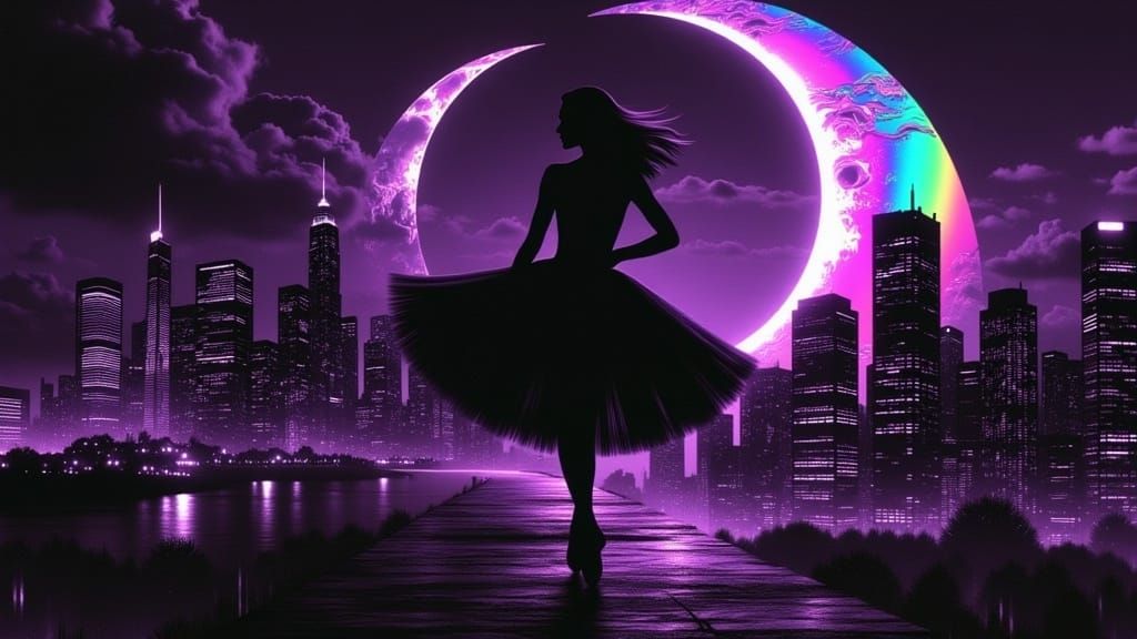 <lora:GlitchFoilFlux:1.0> A ballet dancer in a park, with perfect limbs, set against a cityscape in black with a rough, patchy abstract gree...